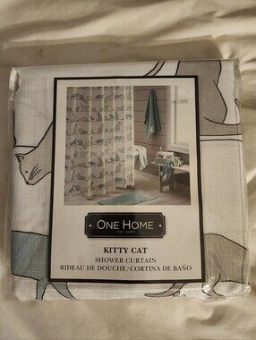 One Home Kitty Cat Shower Curtain - Blue and White New